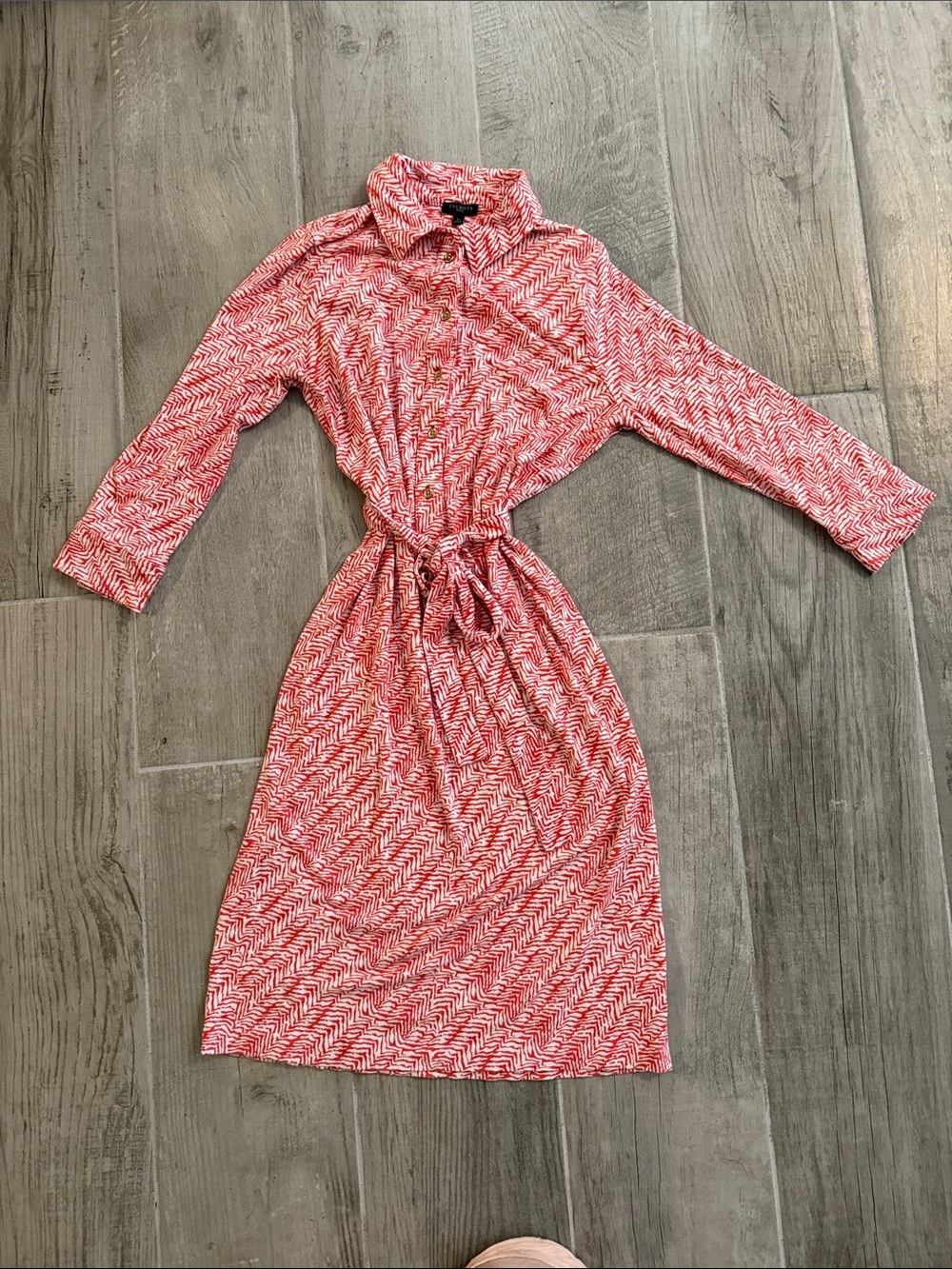 Talbots Salmon & White Printed Long-Sleeve Shirt Dress with Tie Waist